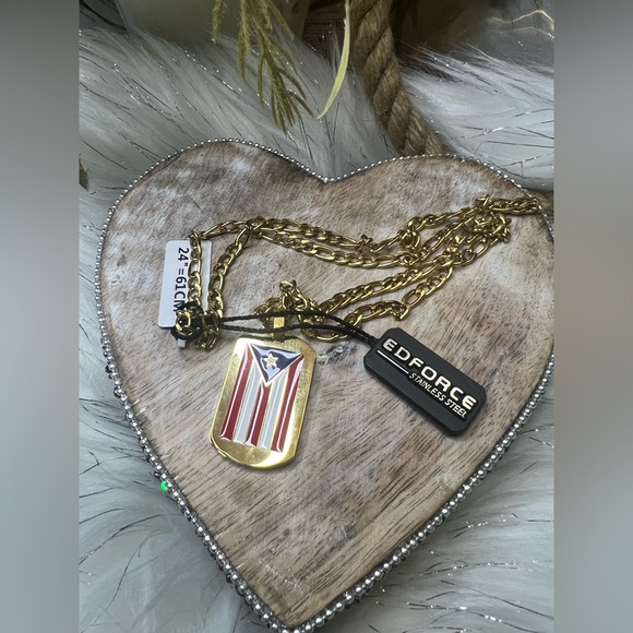 NWT Men's Stainless Steel Puerto Rico Flag Gold Necklace Size 24” =61CM - Picture 6 of 8